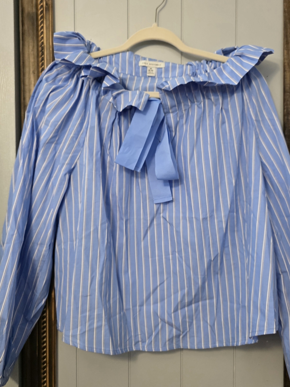 Ruffle-Neck Striped Tie-Front Blouse - Light Blue